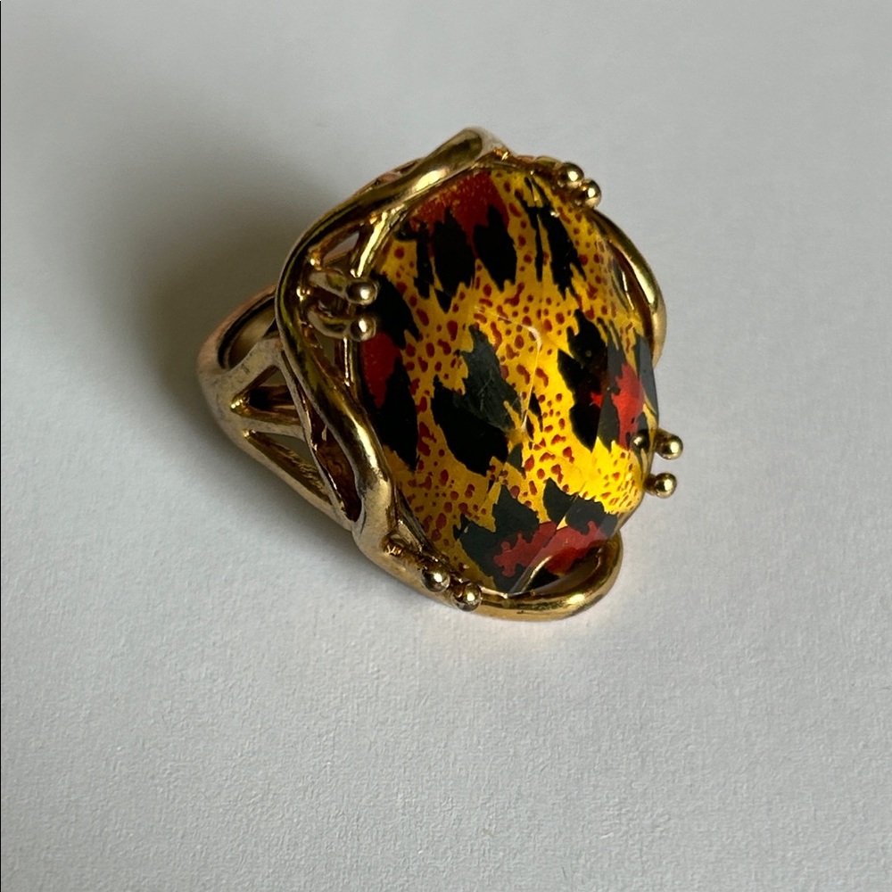 Gold-Tone Yellow Leopard Print Statement Ring Size 7